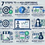 Infographic showing 7 tips to turn clicks into customers with PPC: define goals, know your audience, create strong ad copy, optimize landing pages, use precise targeting, A/B test ads, and budget wisely.